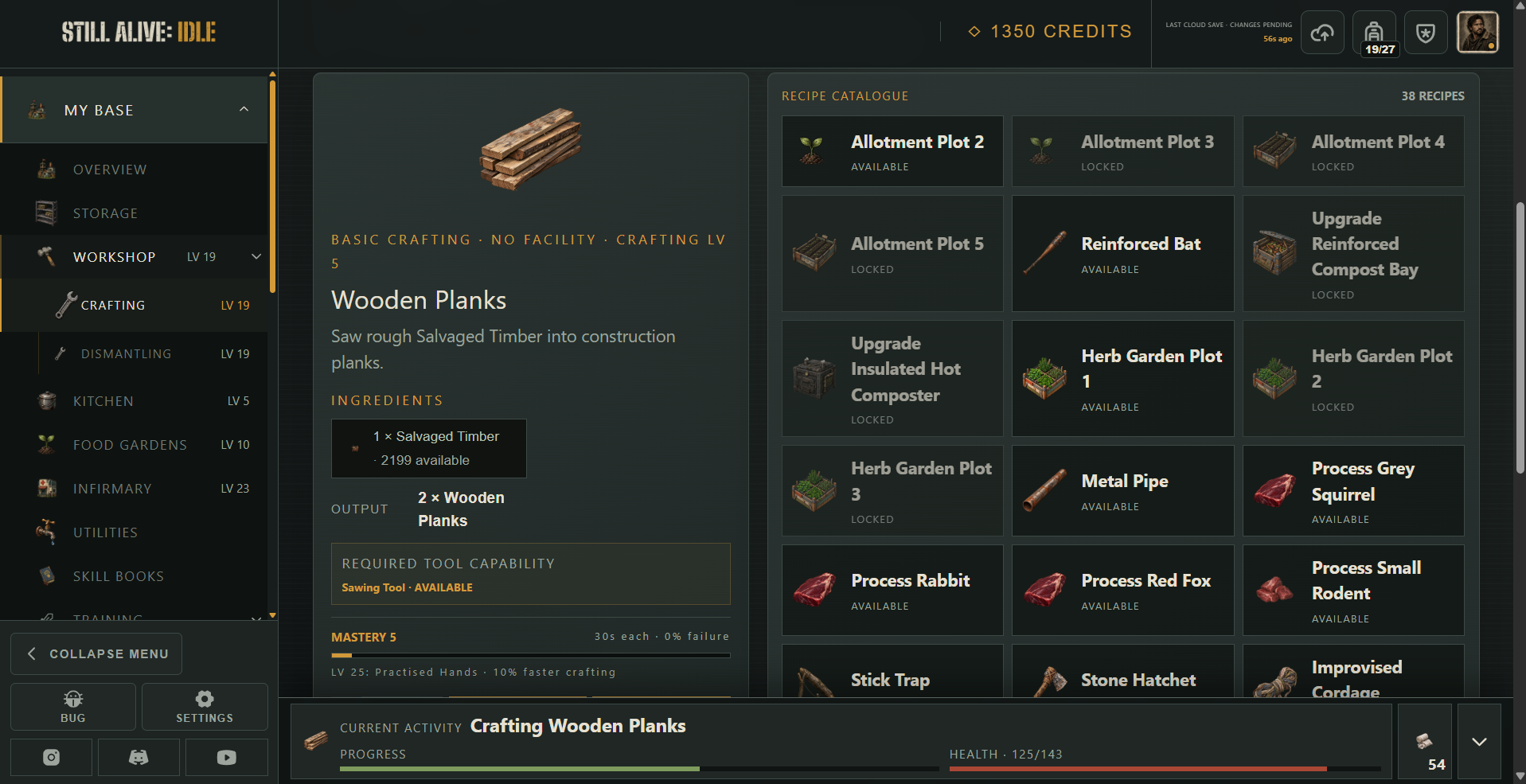 Still Alive: Idle Crafting workspace with the Wooden Planks recipe selected