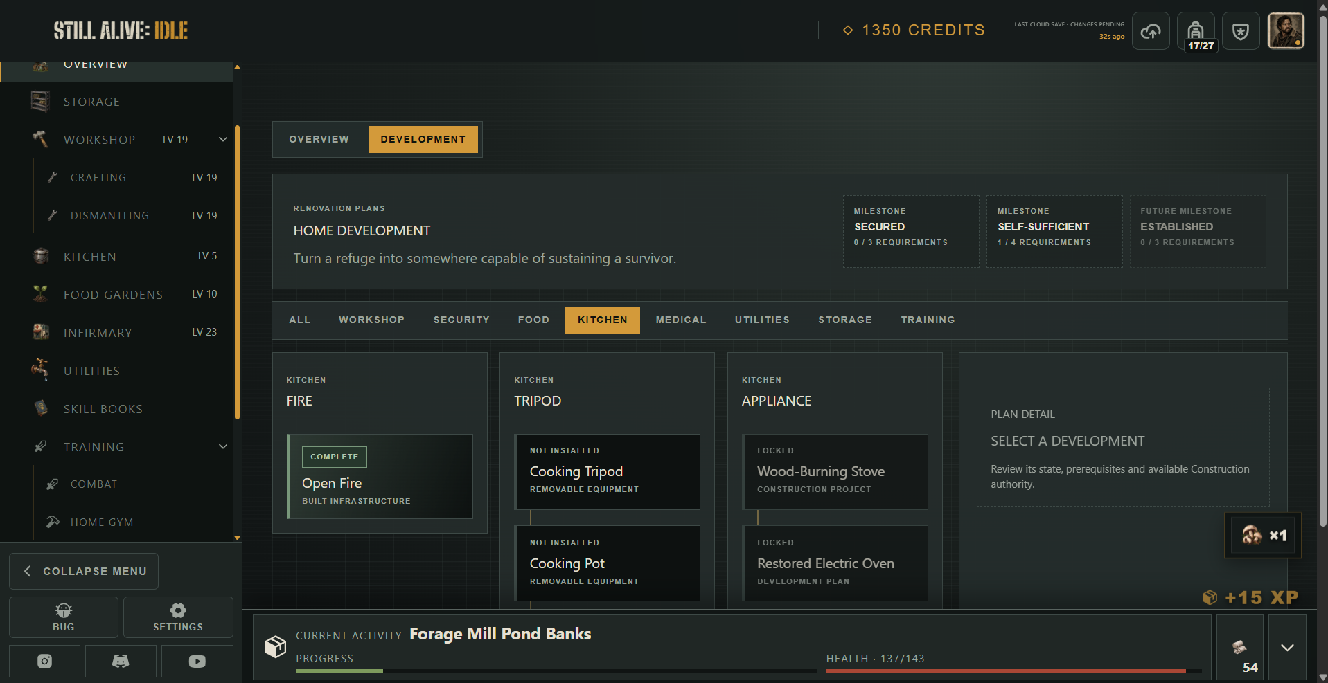 Still Alive: Idle Home Development interface showing the connected refuge progression