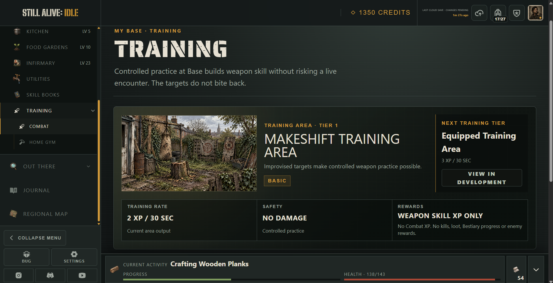Still Alive: Idle Combat Training interface inside the Training Area