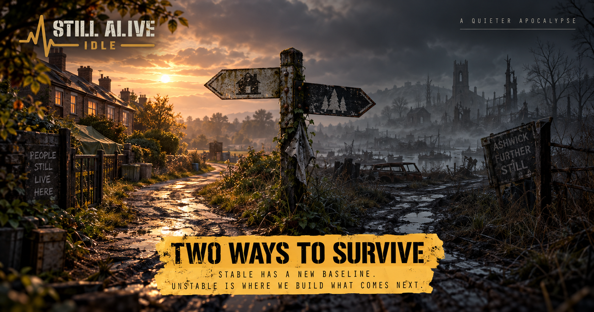 Still Alive: Idle artwork showing the two paths of Stable and Unstable survival in Ashwick